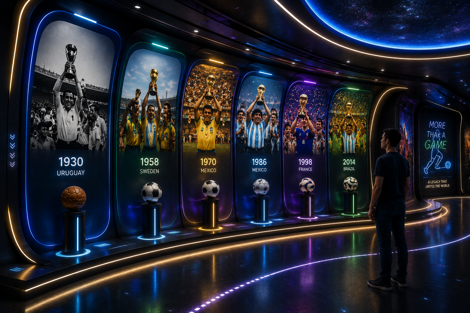 Concept render of the Idea 02 corridor: six arched vertical LED panels, each showing a World Cup winning captain lifting the trophy (1930 Uruguay, 1958 Sweden, 1970 Mexico, 1986 Mexico, 1998 France, 2014 Brazil). Footballs sit on lit pedestals in front of each arch with multicolour accent rings. A starfield-style domed ceiling glows above, glowing footprint trails light the floor, and an end panel reads 'MORE THAN A GAME / A LEGACY THAT UNITES THE WORLD'. A visitor stands toward the right facing the corridor.