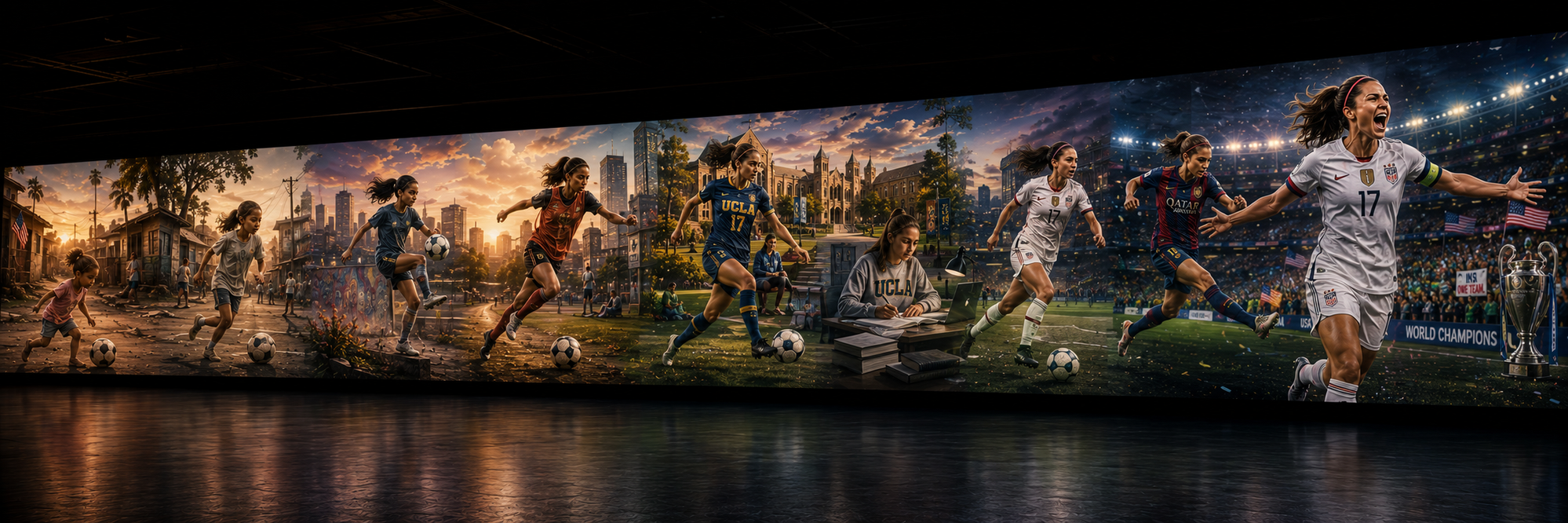 Wide panorama showing a woman player's history from a toddler in pink kicking a ball outside a clapboard house with a US flag, through a kid running on a dirt road, a teen player against a sunset city skyline, a red European youth kit, a UCLA #17 college kit on a campus pitch, a study scene with a UCLA sweatshirt and laptop, a USA #17 white national kit, an FC Barcelona / Qatar Airways red-and-blue club kit, and ending in a USA #17 World Champions celebration with a trophy and 'WORLD CHAMPIONS' banner.