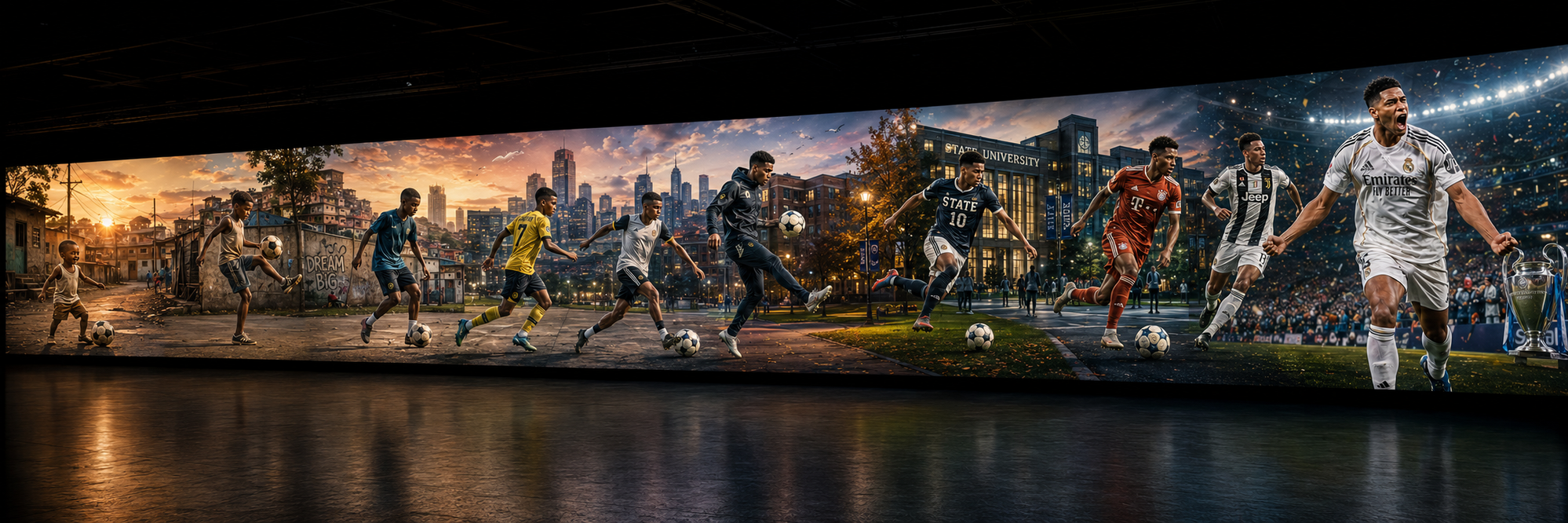 Wide panorama showing one player's history from a toddler kicking a ball in a favela, past dream-big graffiti, through youth club, university team, Bayern Munich, Juventus, to a Real Madrid Champions League celebration. The full origin story unfolds across the LED wall.