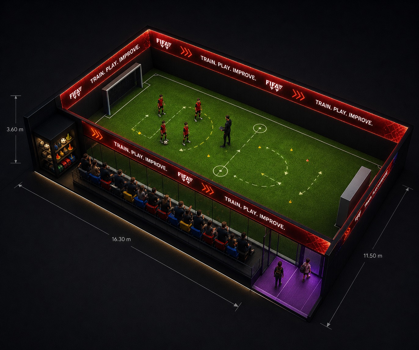Same installation rendered in red dressing: full-perimeter red LED ribbon, players in red kits running a passing drill, a packed spectator bench behind the glass long wall, a magenta-lit entry tile.