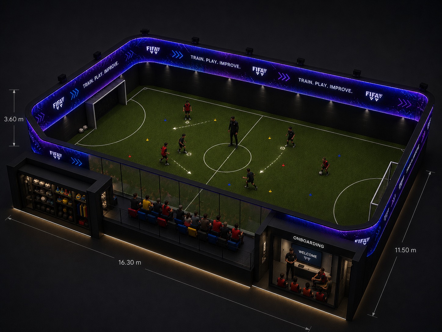 Aerial three-quarter render of the FIFA pitch installation in blue dressing: rectangular walled volume with green grass surface, full-perimeter blue LED ribbon, two goalposts, a coach and players running a cone drill, a glass-fronted spectator bench.