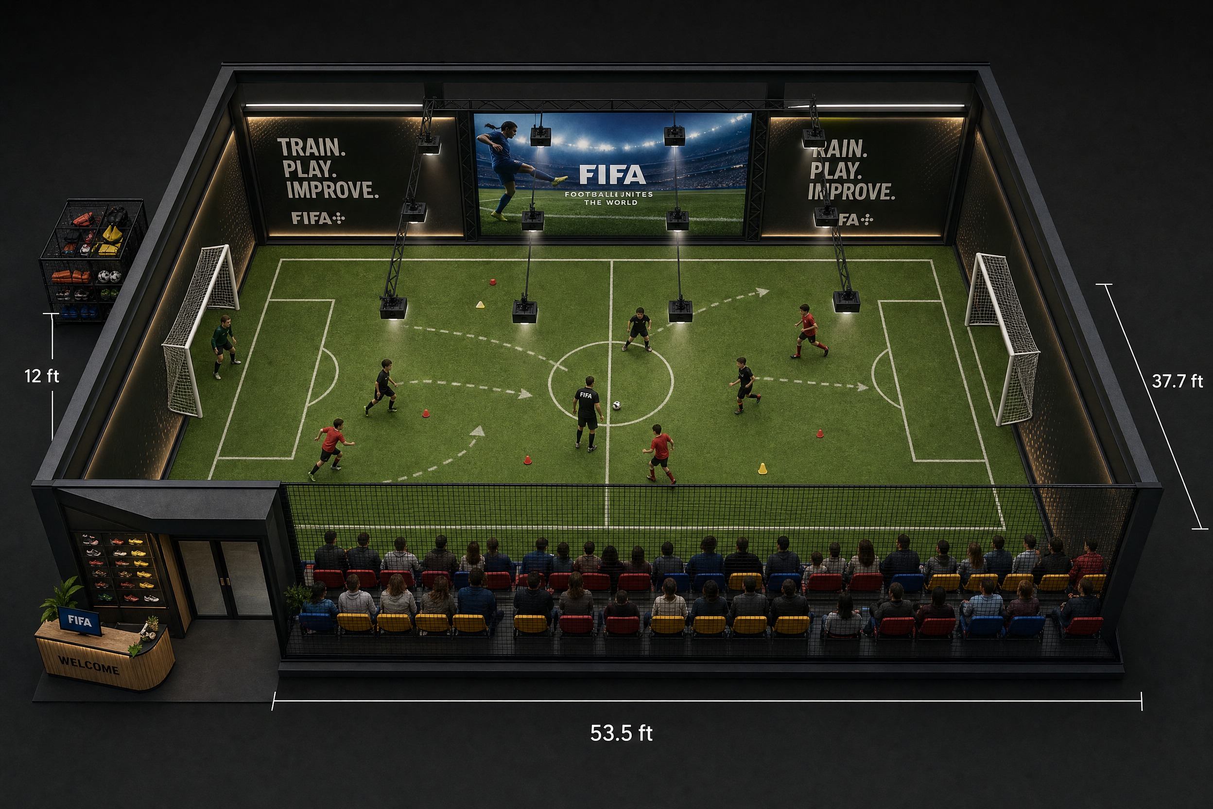 First render with the 12-projector ceiling rig visible, before the welcome zone was brought inside.