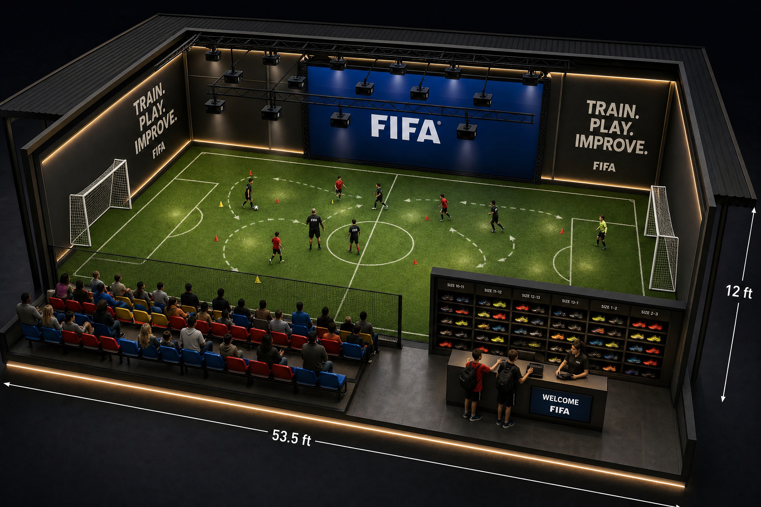 Projectors render with the welcome-inside attempt; bench still ran wall-to-wall in front of the field.