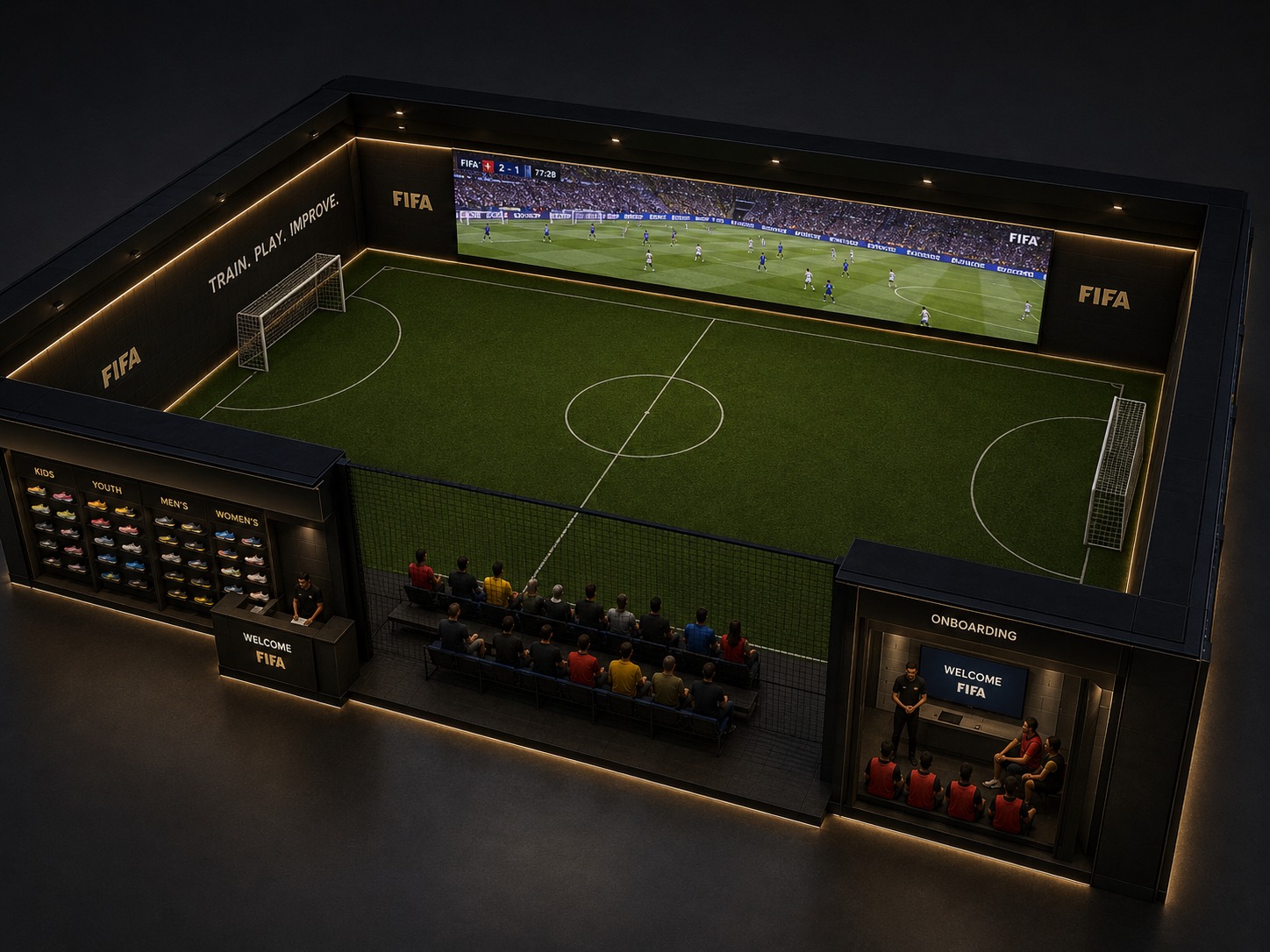 Aerial three-quarter render of the FIFA pitch installation: green artificial turf with white markings inside a dark walled volume, two full-size goals on the left and right short walls, a wide central LED screen on the far long wall showing a live match with the score 'FIFA 2-1 77:28', FIFA wordmarks and 'TRAIN. PLAY. IMPROVE.' on the corner walls, warm gold edge lighting along the wall tops, KIDS / YOUTH / MEN'S / WOMEN'S cleat wall and a Welcome FIFA counter on the close-left, four rows of red, yellow and blue stadium seats packed with spectators behind a black mesh net, and an enclosed Onboarding booth on the close-right with a Welcome FIFA screen and kids in red bibs seated in front of a host.