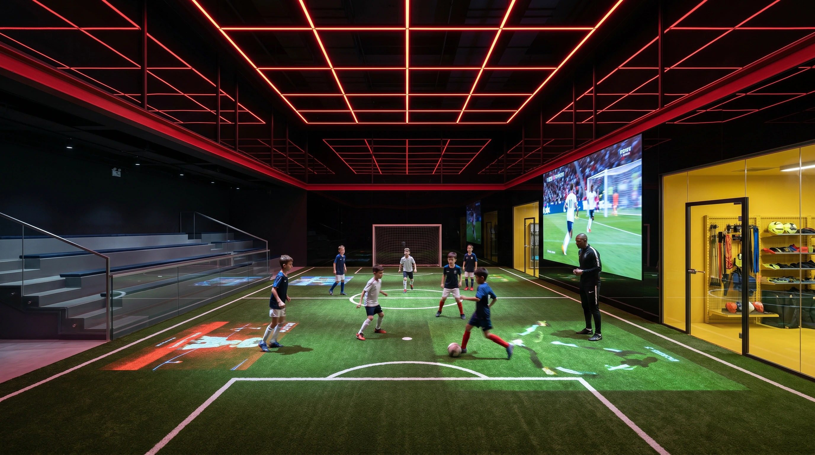 Reference photo of a built indoor football pitch: red LED ceiling grid in a coffered pattern, kids playing on real artificial turf with projected pitch markings and overlays, a coach in black on the right, a giant LED screen showing a live match, glass-fronted stadium bench on the left and a yellow-lit equipment room on the right.