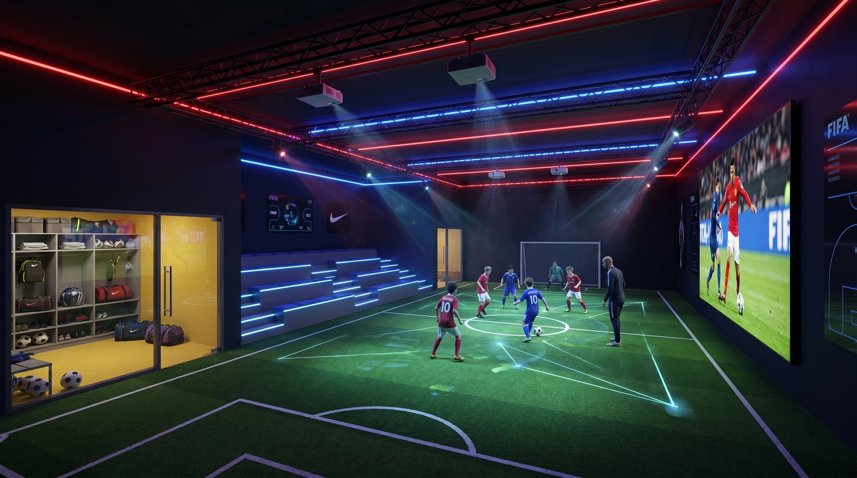 Reference concept render of an indoor FIFA pitch with red and blue LED strip ceiling lighting on a black truss, three ceiling-rigged projectors casting moving light pools on the turf, kids in red and blue kits running a small-sided match with projected tactical triangles overlaid on the grass, blue-lit stadium stairs on the left next to a yellow Nike-branded locker room, a FIFA scoreboard on the back wall, a Nike logo and a giant LED screen on the right showing a live football match.
