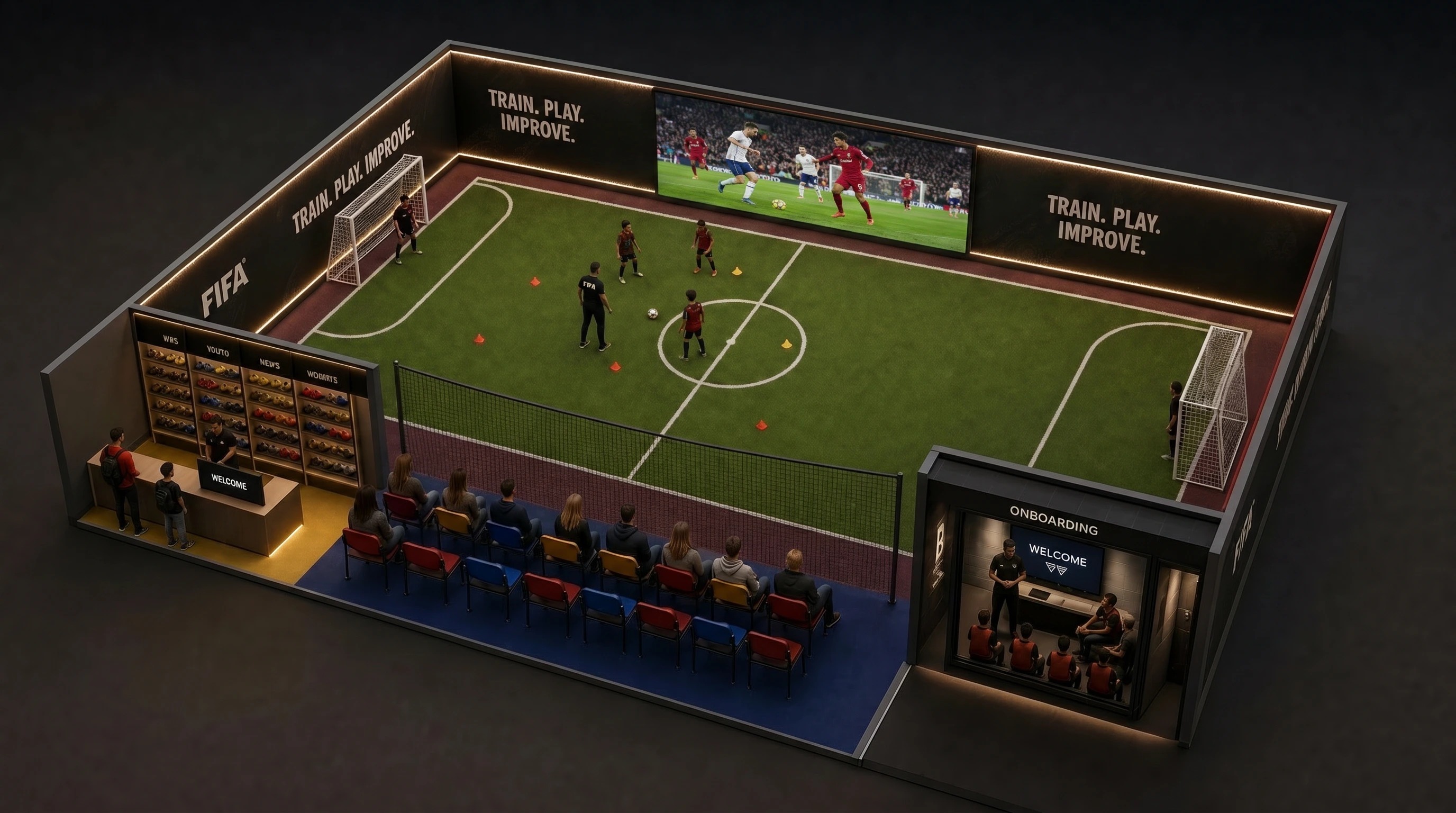 Previous main render: same pitch installation with a single wide LED screen showing live broadcast football footage along the upper part of the far long wall, two-row stadium bench, KIDS YOUTH MEN'S WOMEN'S cleat wall, Welcome counter, enclosed Onboarding booth on the right.