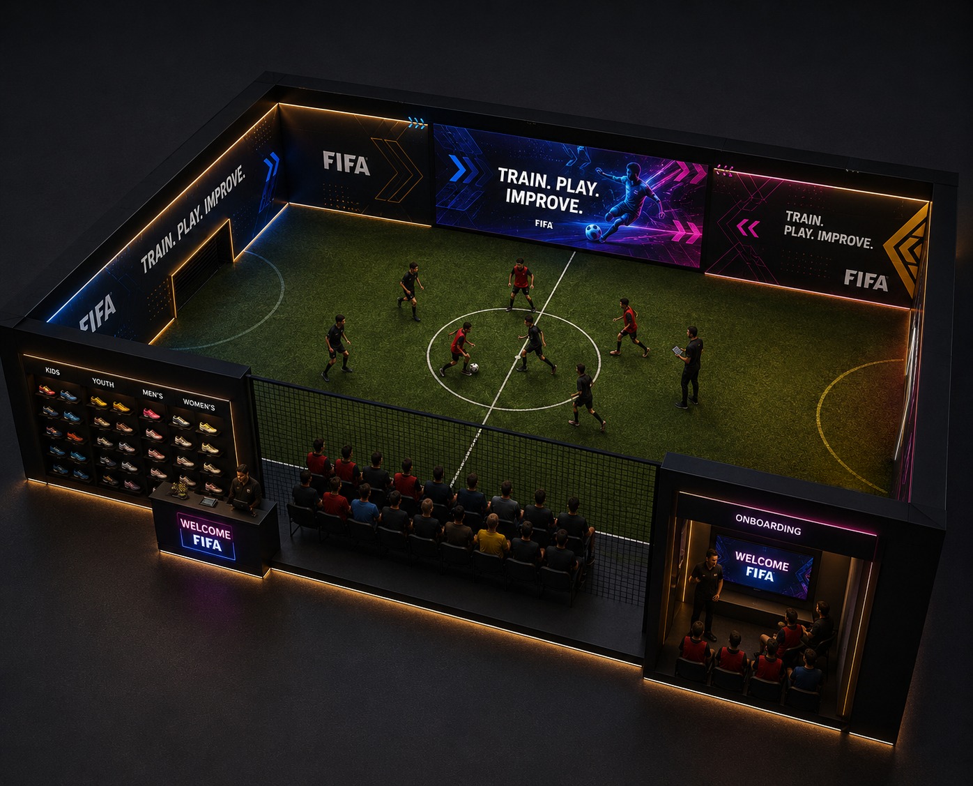 Previous main render: multi-panel LED back wall with TRAIN PLAY IMPROVE headline and FIFA player hero graphic, five-row spectator bench, KIDS YOUTH MEN'S WOMEN'S cleat wall, Welcome FIFA counter, enclosed Onboarding booth on the right. Earlier iteration before the perimeter LED border was added.