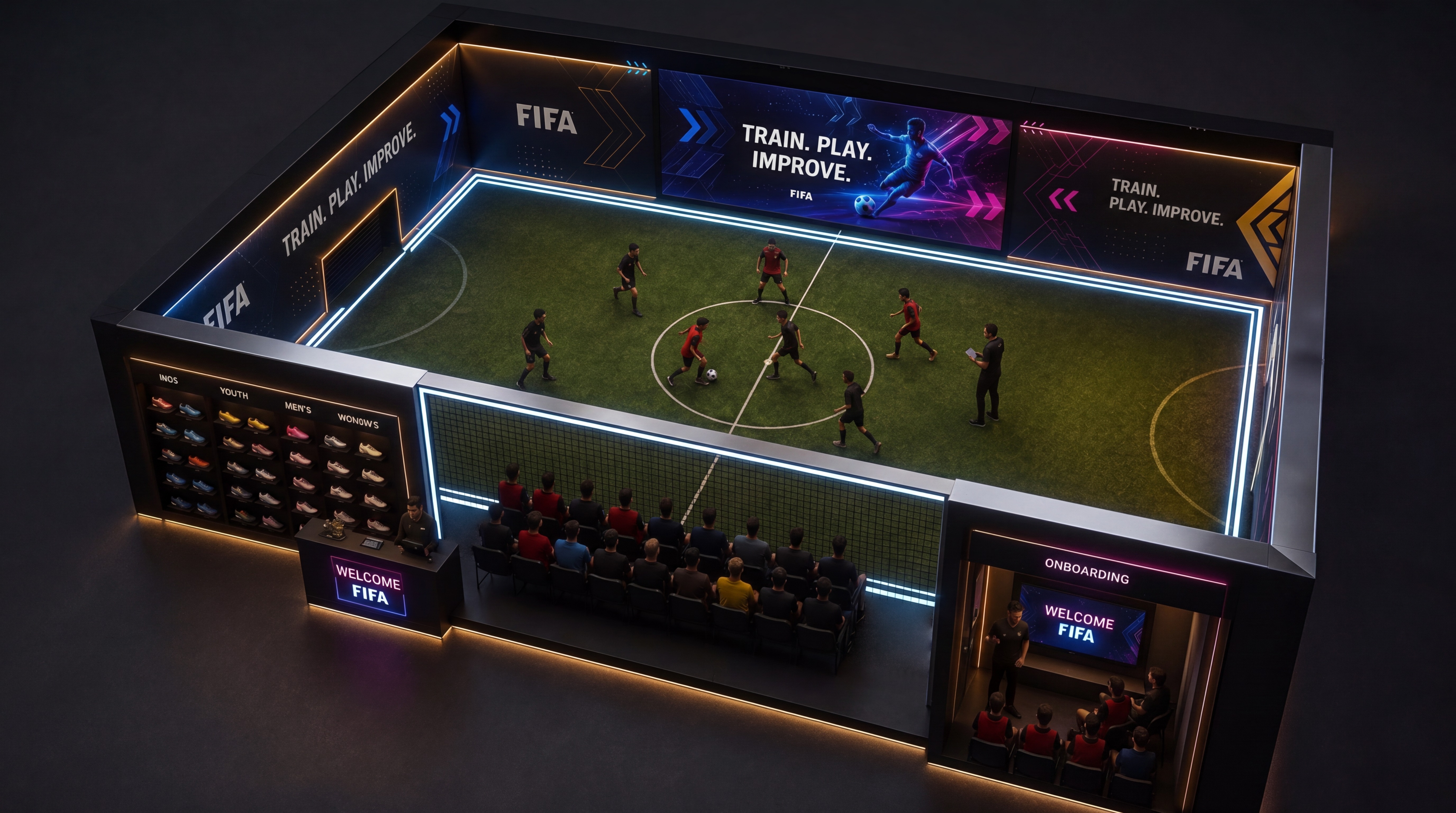 Previous main render: perimeter cool-white LED border on the floor around the field, three LED panels on the far long wall with TRAIN PLAY IMPROVE and the FIFA player hero graphic, cleat wall on the left, packed spectator bench in the centre, Onboarding booth on the right. Earlier iteration before the latest tighter framing.
