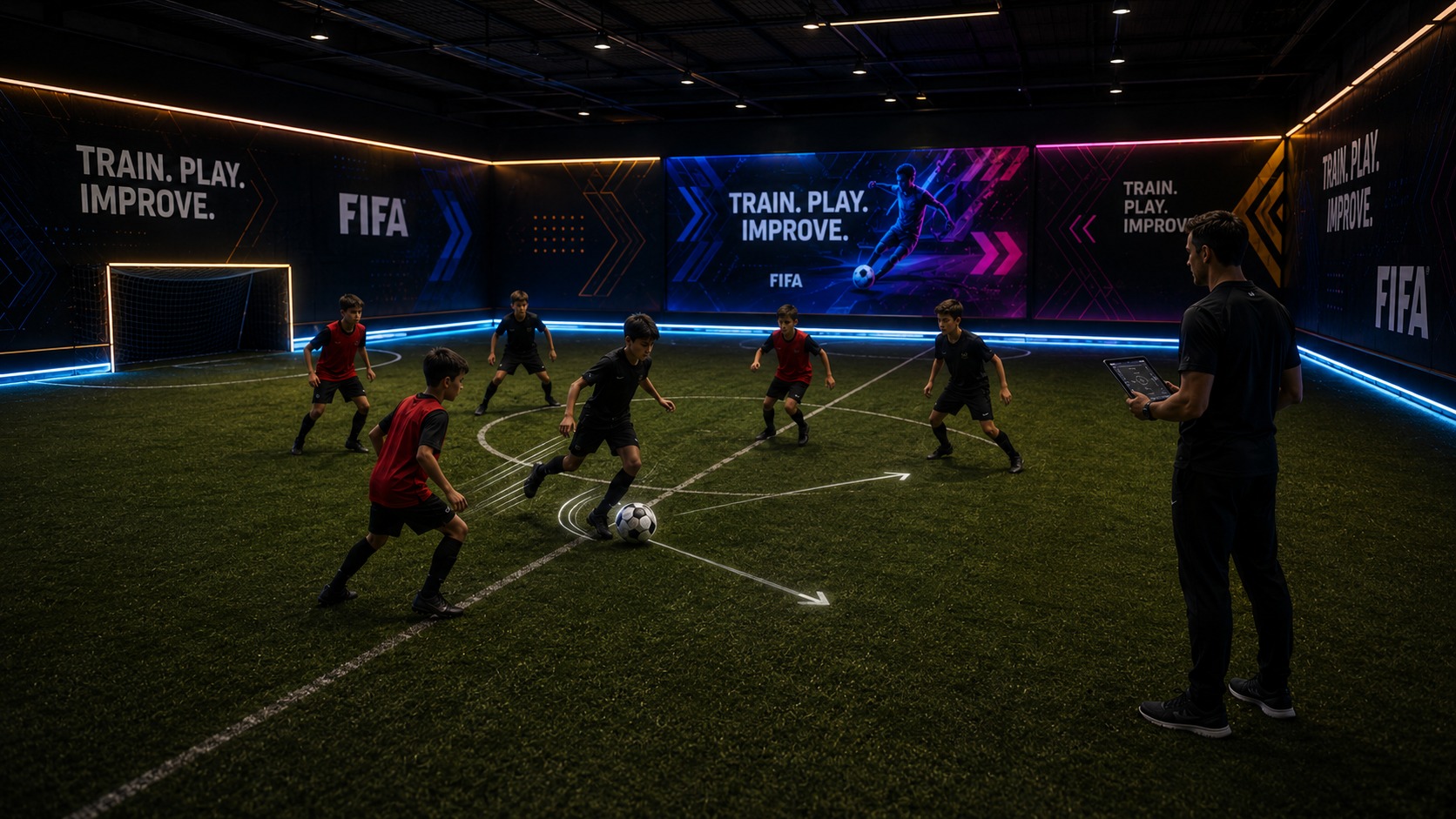Interior eye-level render from the field POV: six kids in red and black training kits running a small-sided drill with dashed white player-path lines projected on the turf, coach on the right with a tablet, small goal on the left, multi-panel LED back wall showing TRAIN PLAY IMPROVE and the FIFA player hero graphic, perimeter cool-white LED border at the floor, warm gold edge lighting at the wall tops.
