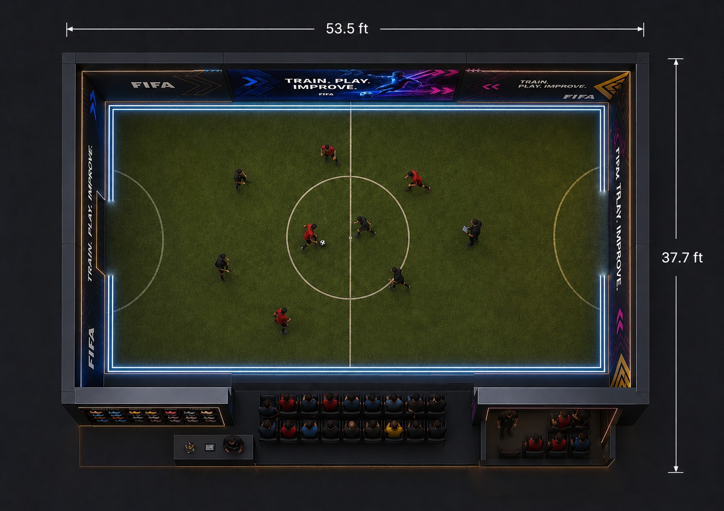 Plan / top-down render of the FIFA pitch installation with dimension callouts of 53.5 ft along the long side and 37.7 ft along the short side. The field shows the cool-white perimeter LED border, white centre line and centre circle, nine figures (eight players plus a coach with a tablet) spread across the turf. Below the play volume the three close-side zones are visible from above: the cleat wall and Welcome FIFA counter on the left, two packed rows of red, blue and yellow stadium seats in the centre, and the enclosed Onboarding booth on the right.