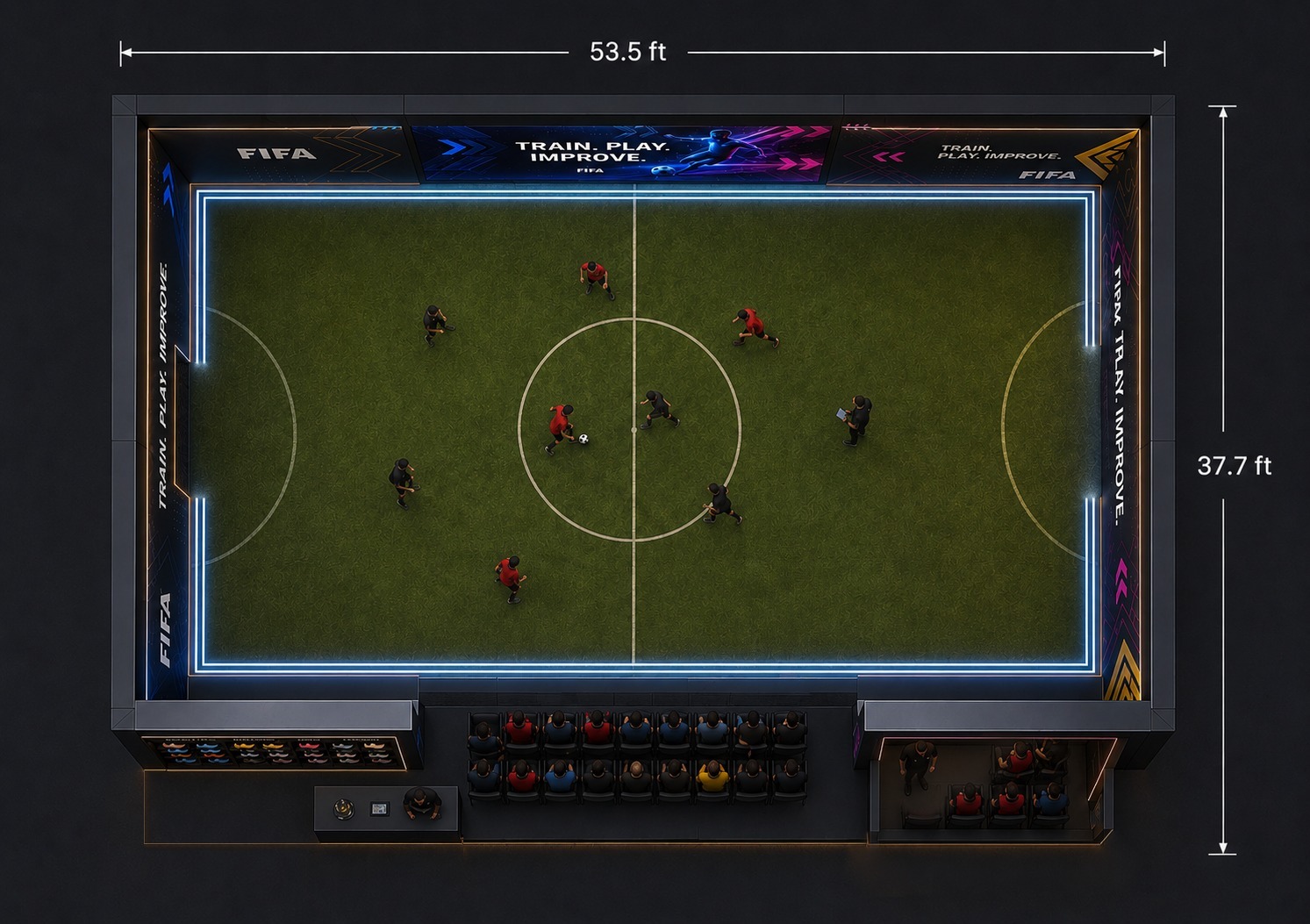 Previous plan / top-down render of the FIFA pitch installation with 53.5 ft long-side and 37.7 ft short-side callouts; replaced by the updated top view in Installation 01.