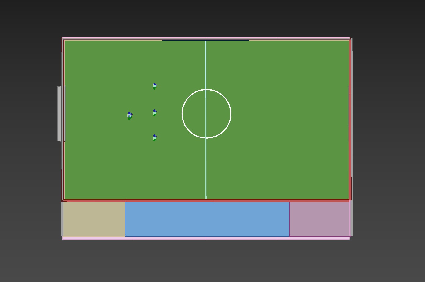 Previous D3 plan-view blockout: green field with white centre line and centre circle, four small blue/green humanoid figures clustered on the left, and three coloured zones along the front (yellow, blue, magenta). Superseded by the updated plan view in the Spatial reference.