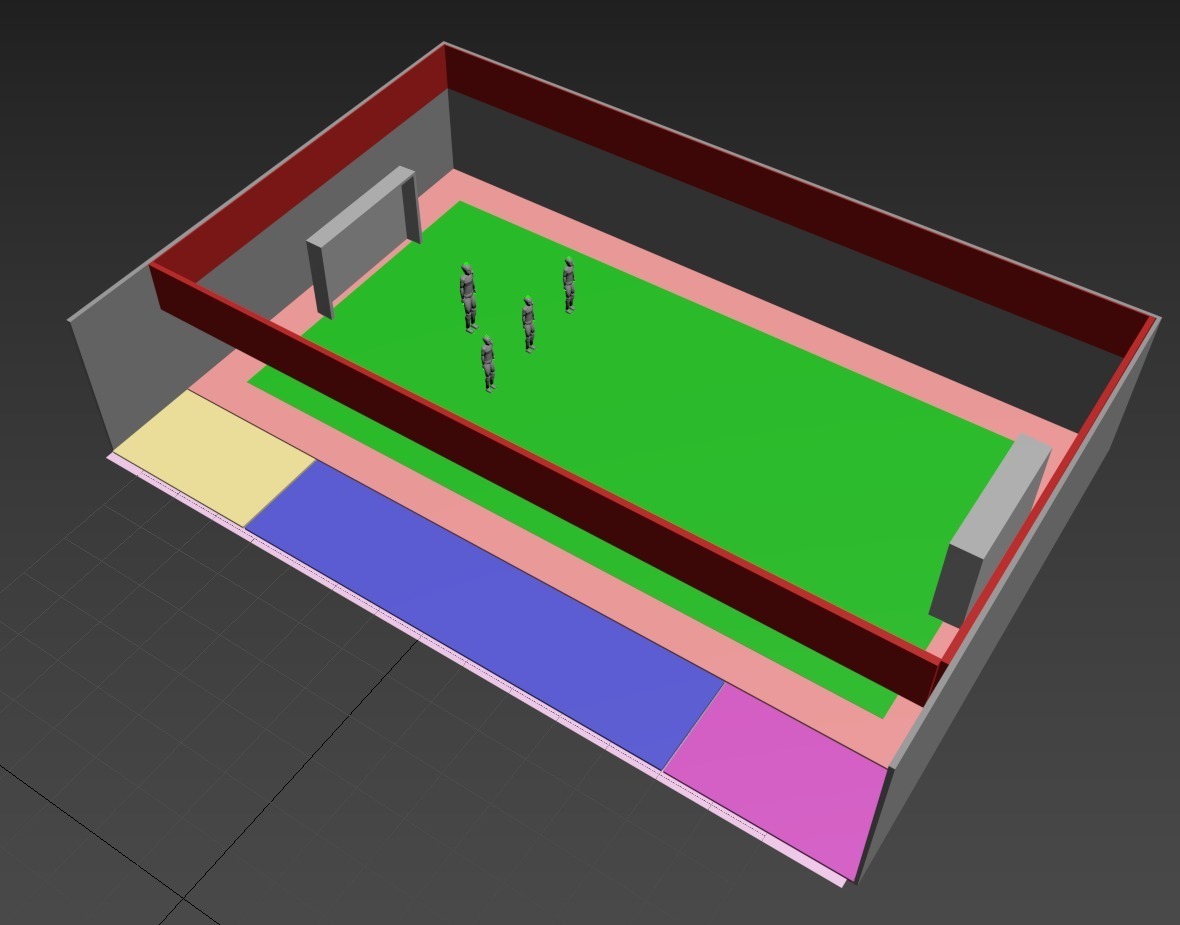 First D3 blockout: simpler grey-wall volume with green field, pink safety perimeter, red top LED band and three flat colour zones (yellow, blue, magenta) on the floor in front of the volume marking the equipment, bench and entry vestibule. Six grey figures on the grass.