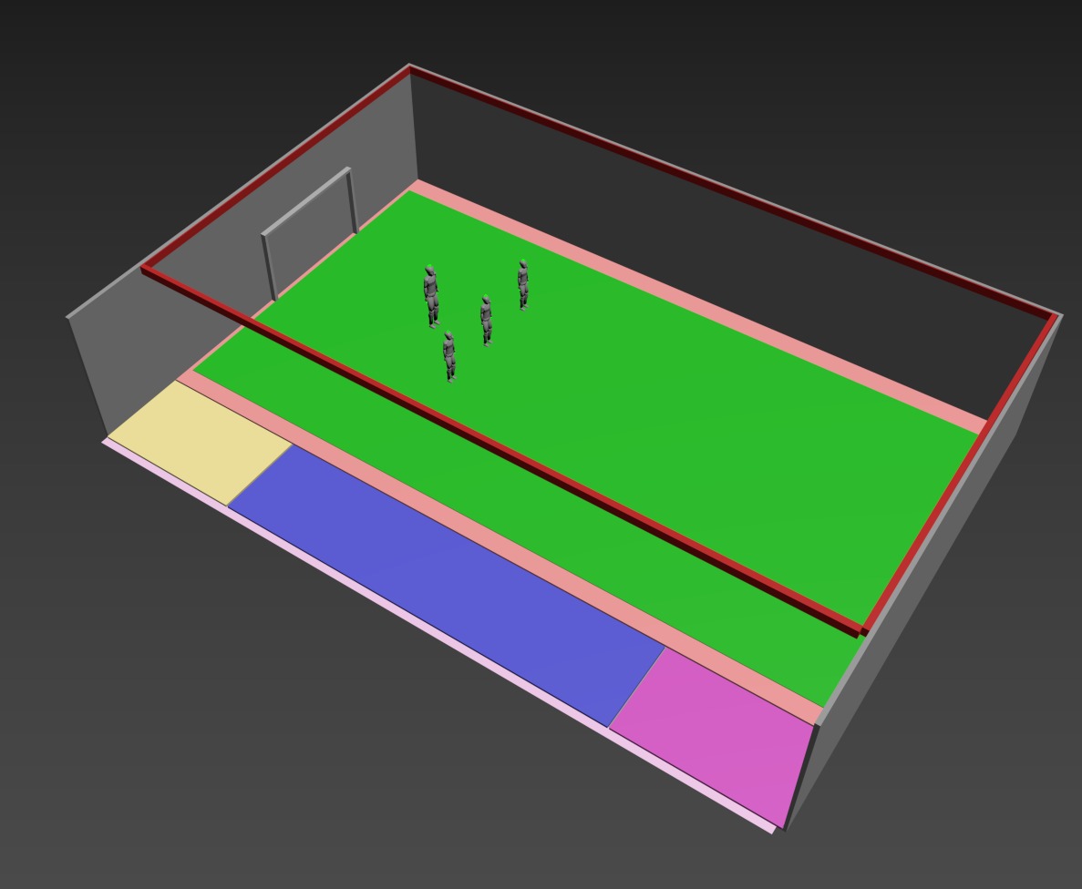 Second D3 blockout from 2026-06-02 morning: same volume framing, with the colour zones moved tighter against the front edge of the play volume and the camera tilt adjusted.
