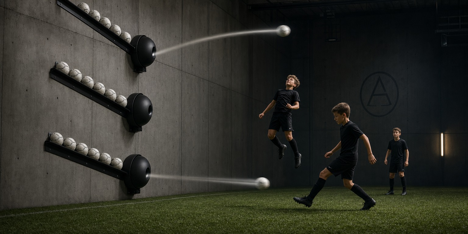 Three matte-black dome speaker-style ball-launcher devices mounted on the back wall at different heights, each at the end of a diagonal rail of queued white soccer balls sliding down to feed the dome, one firing a header arc and another a ground pass, kids in the receiving area