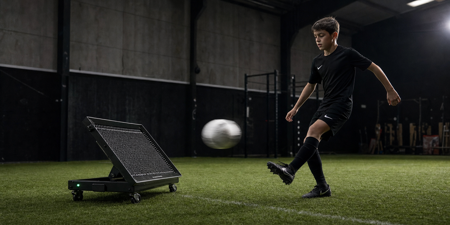 A boy in black kit on a grass pitch passing a white ball into a sprung rebound platform that is tilted up and sideways toward him, the ball returning at an angle back up to him