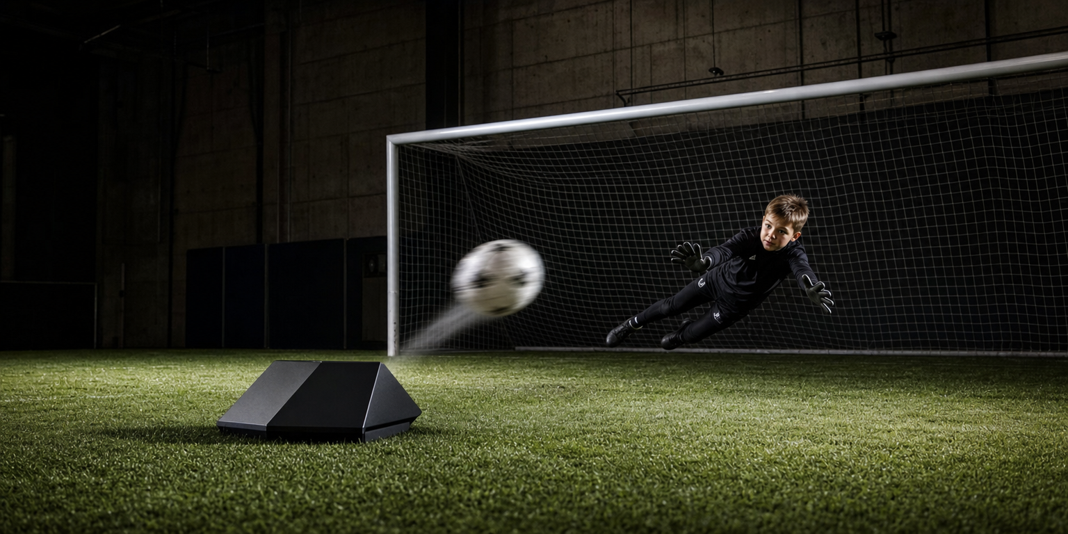 A young goalkeeper in black kit mid-dive across the goal mouth, with a large angled pinball-style reflex device sitting on the grass several metres in front of him, a white ball deflecting off the device toward the goal at a sharp angle