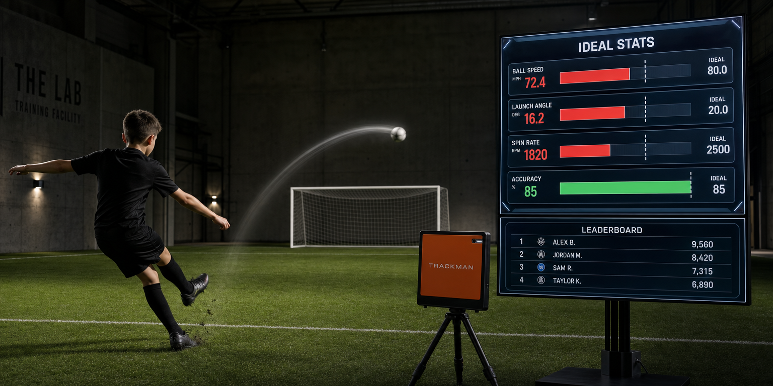A kid in black kit striking a free kick with a white ball curving toward a real goal, beside the pitch a Trackman radar tripod plus a large gamified leaderboard screen showing rankings, personal best, and the player's actual ball-speed / angle / spin compared against pro-level ideal stats