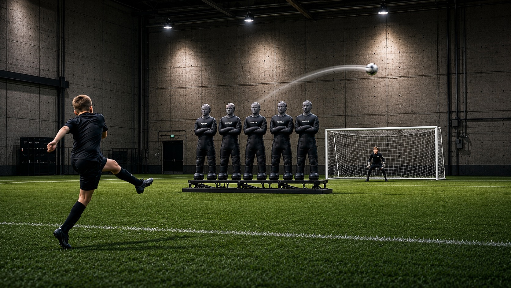 A row of five inflatable defender dummies in black training kits forming a free-kick wall on a grass pitch, mounted on a hydraulic platform that has just lifted them off the ground in sync with a kid striking a free kick, the white ball curving over the top of the wall toward the goal