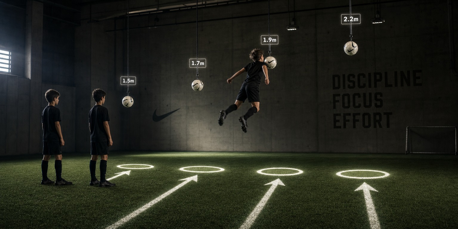 Three young boys in black kits on a grass pitch, four white soccer balls hang stationary from ceiling cords at four progressive heights, one boy mid-leap heading the highest ball, ground projections show approach arrows, jump spot circles and height labels above each ball