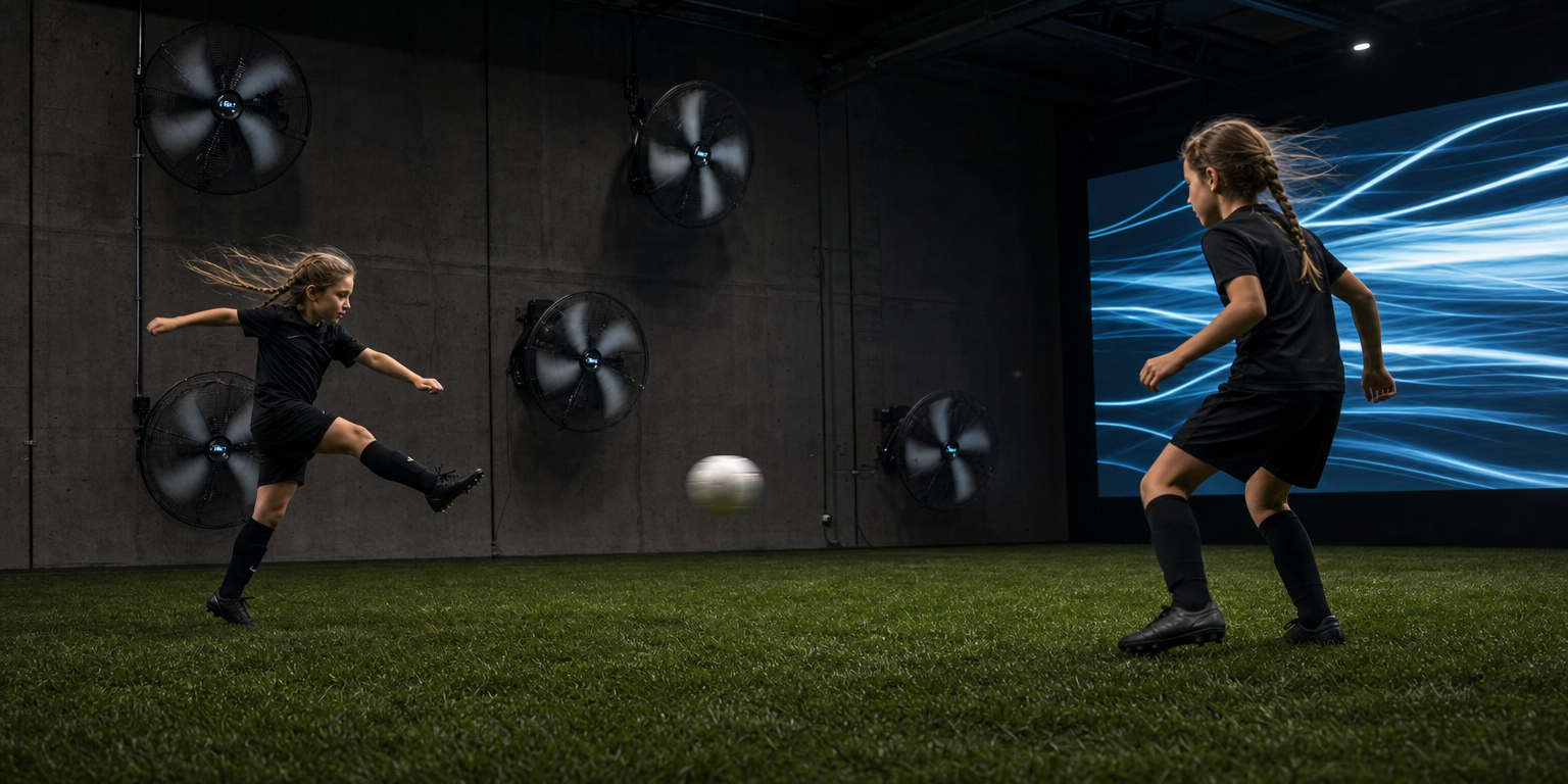 Two girls with braided hair pushed back by wind on a grass pitch, four mid-sized commercial-grade wall fans (about 80cm across each) mounted on a side wall blowing across the pitch, a white ball mid-air visibly pushed off line