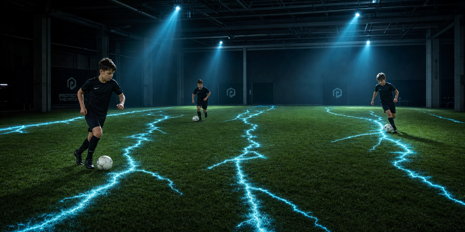 Three young boys dribbling on a grass pitch with long jagged cyan-blue fracture lines projected across the grass like cracks in ice, with bare grass space between the lines