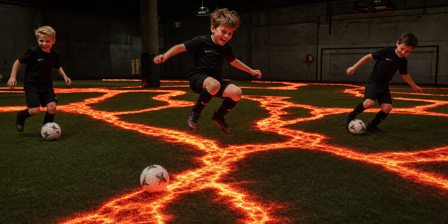 Three young boys in black kits jumping and laughing as they dodge between flowing orange-red lava rivers projected across a grass pitch, chaotic streams weaving in different directions, kids having fun
