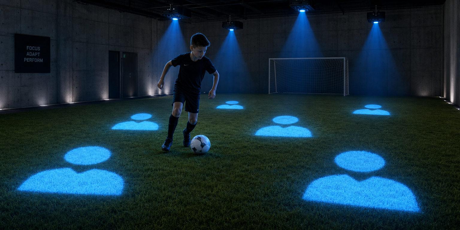 One young boy in black kit dribbling on a grass pitch between several glowing electric-blue solid profile-picture-style person icons projected on the grass, each icon a clear head and V-neck-bust silhouette like the default avatar