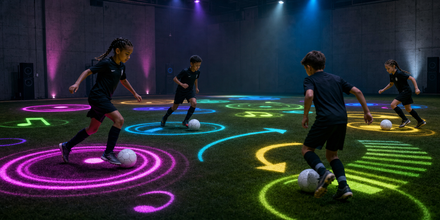 Two boys and two girls in black kits on a grass pitch with rhythm-game projections: pulsing colored circles in magenta and cyan, curved arrows pointing in different directions, beat rings and musical-note shapes scattered across the grass, dark gym with electronic colored light