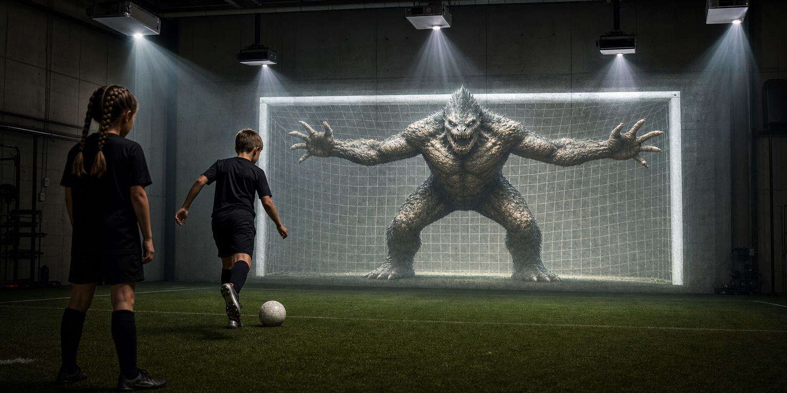 A single light projection on the bare concrete back wall of a grass pitch, showing a goal frame and net as the backdrop with a photoreal scaly creature monster standing in front of the net as the goalkeeper, partially blocking the view of the net behind it; no physical goal in the gym