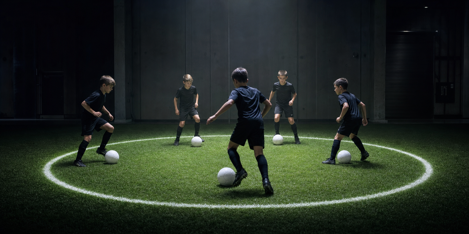 Five young boys in black kits standing inside a glowing white projected ring on a grass pitch, each with his own white soccer ball at his feet, doing close-control rondos in the circle