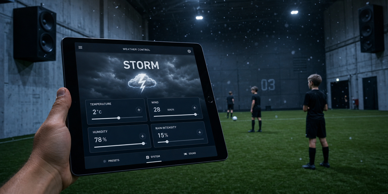 Three boys in black kits on a grass pitch with translucent vapor sensory screens hanging on the sides of the pitch, fine humid mist and a few fake snow flakes drifting through projector beams, coach iPad showing temperature and humidity readouts
