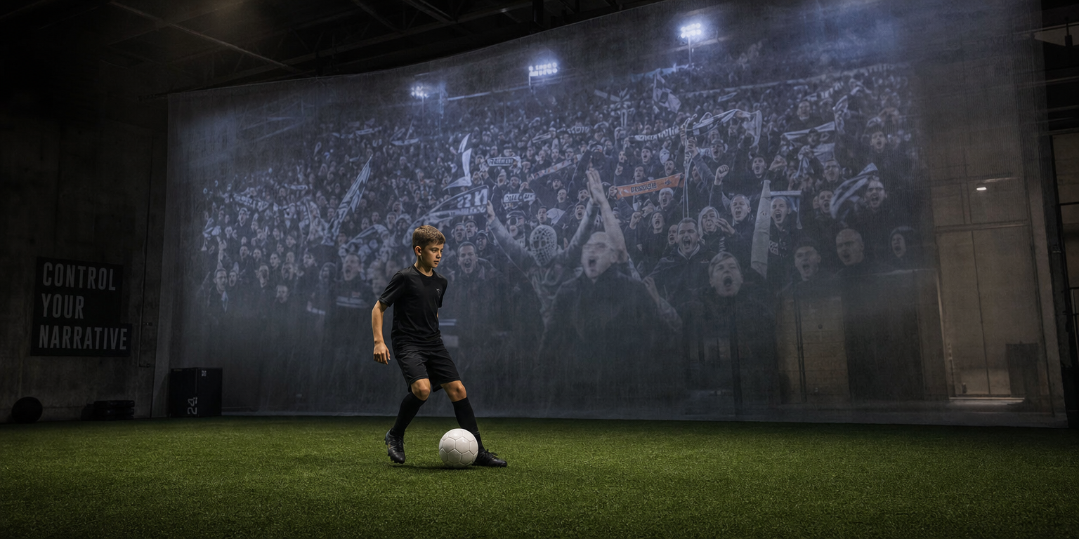 One young boy alone in black kit with a white ball on a grass pitch, a translucent sensory screen behind him with a packed hostile away-stadium crowd projected onto it under floodlights