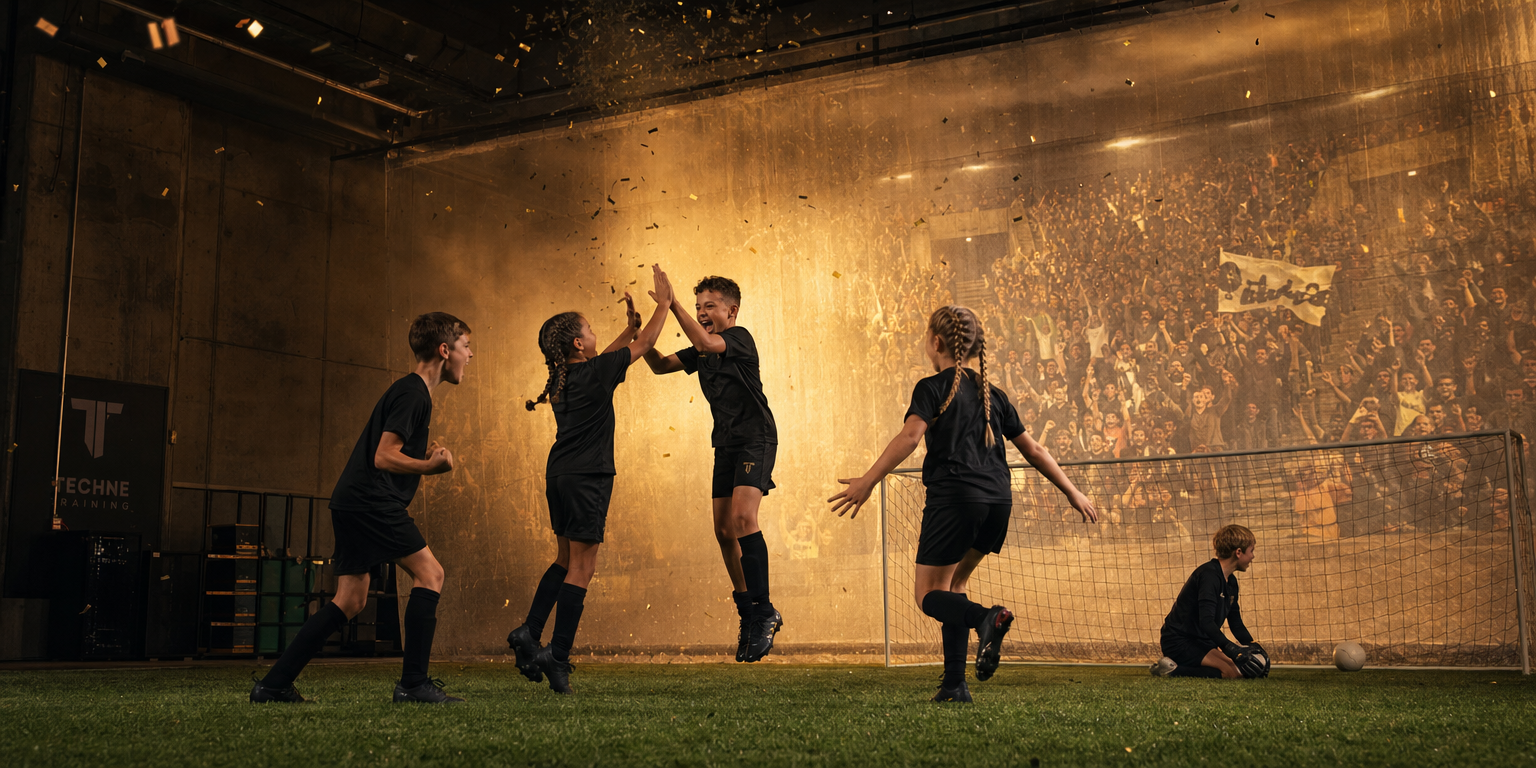 Four or five young players, mix of boys and girls, in black kits mid-celebration with fist pumps and high-fives on grass, a translucent sensory screen behind them with a roaring home crowd projected in warm gold light with confetti drifting down